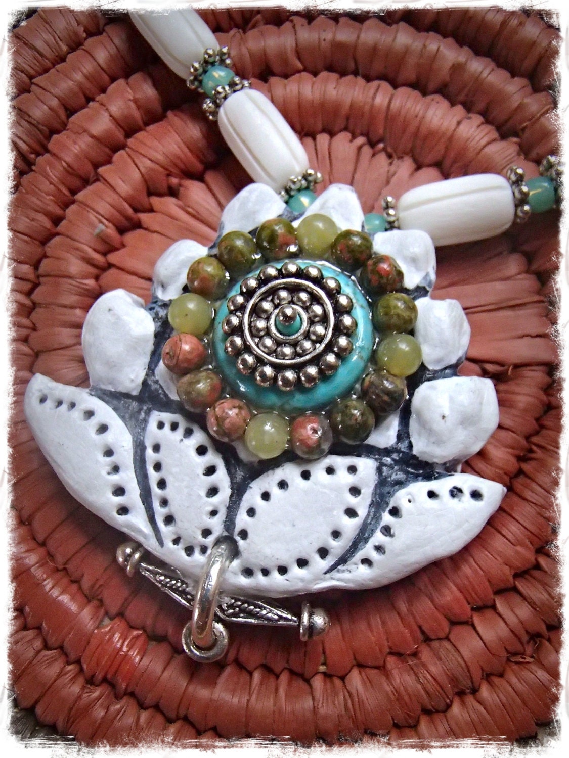 WHITE LOTUS necklace Native statement necklace Bone Jewelry hand made YOGA jewelry unique Bohemian Hippie Necklace