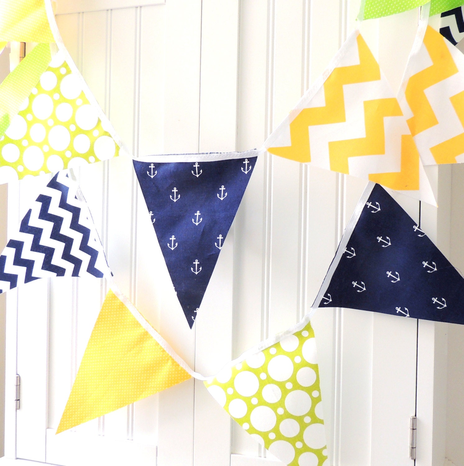 21 Flag Fabric Bunting, 9 Feet Party Banner, Nautical Navy Blue Anchor, Yellow Chevron, Lime Polka Dots, Baby Nursery Decor, Birthday Party