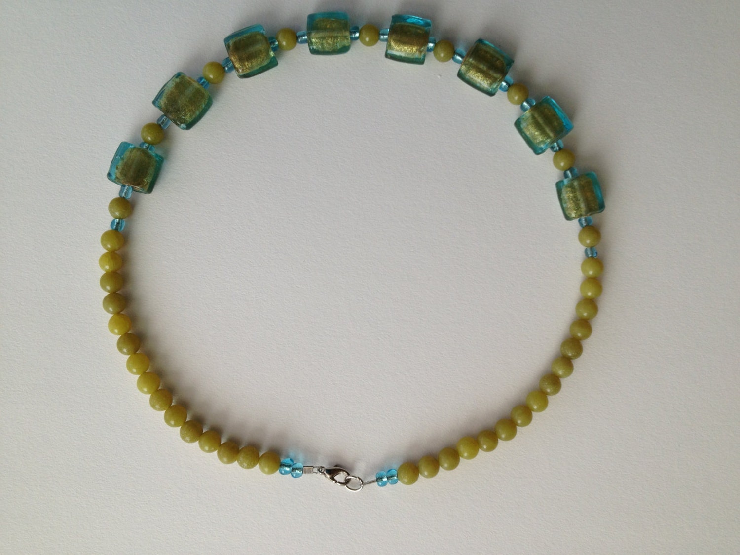 Light blue and lime green beads necklace - Handmade - Glass beads necklace