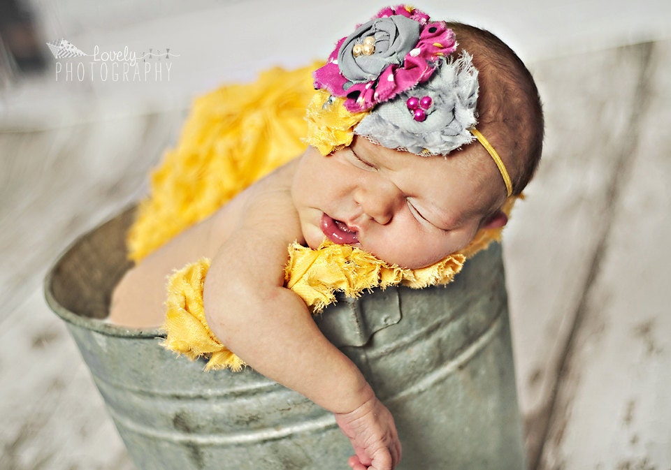 Brighten My Day- frayed fabric ruffle, chiffon flower & rosette headband