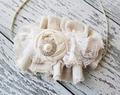 Linen and Lace- linen and cotton rosette  with lace and pearl headband
