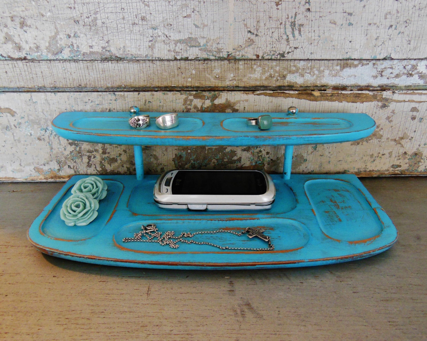 Turquoise Distressed 2 Tier Valet Wooden Upcycled