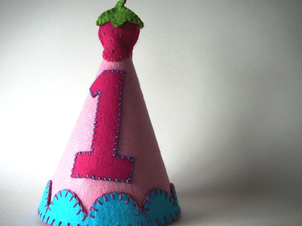 Girl's Birthday Party Hat--Pink with Strawberry--Custom Made