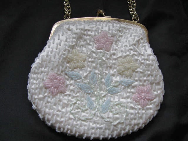 White Beaded Bridal Evening Bag Pastel Flowers