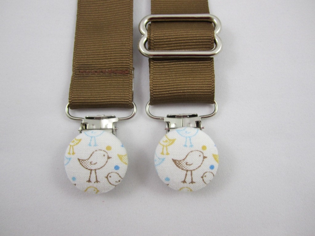 Baby Boy Nursing Clip - Little Bird Fabric - Brown and Blue - Adjustable Bib Clip - Boy - Brown Grosgrain Ribbon - Toy Tether