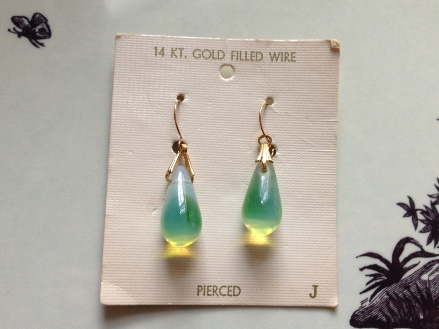 Vintage Earrings - Gold Tone Dangle Earrings with Green Tear Drop Stone