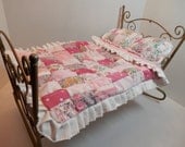 Doll Small Bed Quilt  Patchwork Dolly Blanket Pillows Handmade Reversible Present Pink Polka Dots Floral Prints Little Girl Fun OOAK Gift