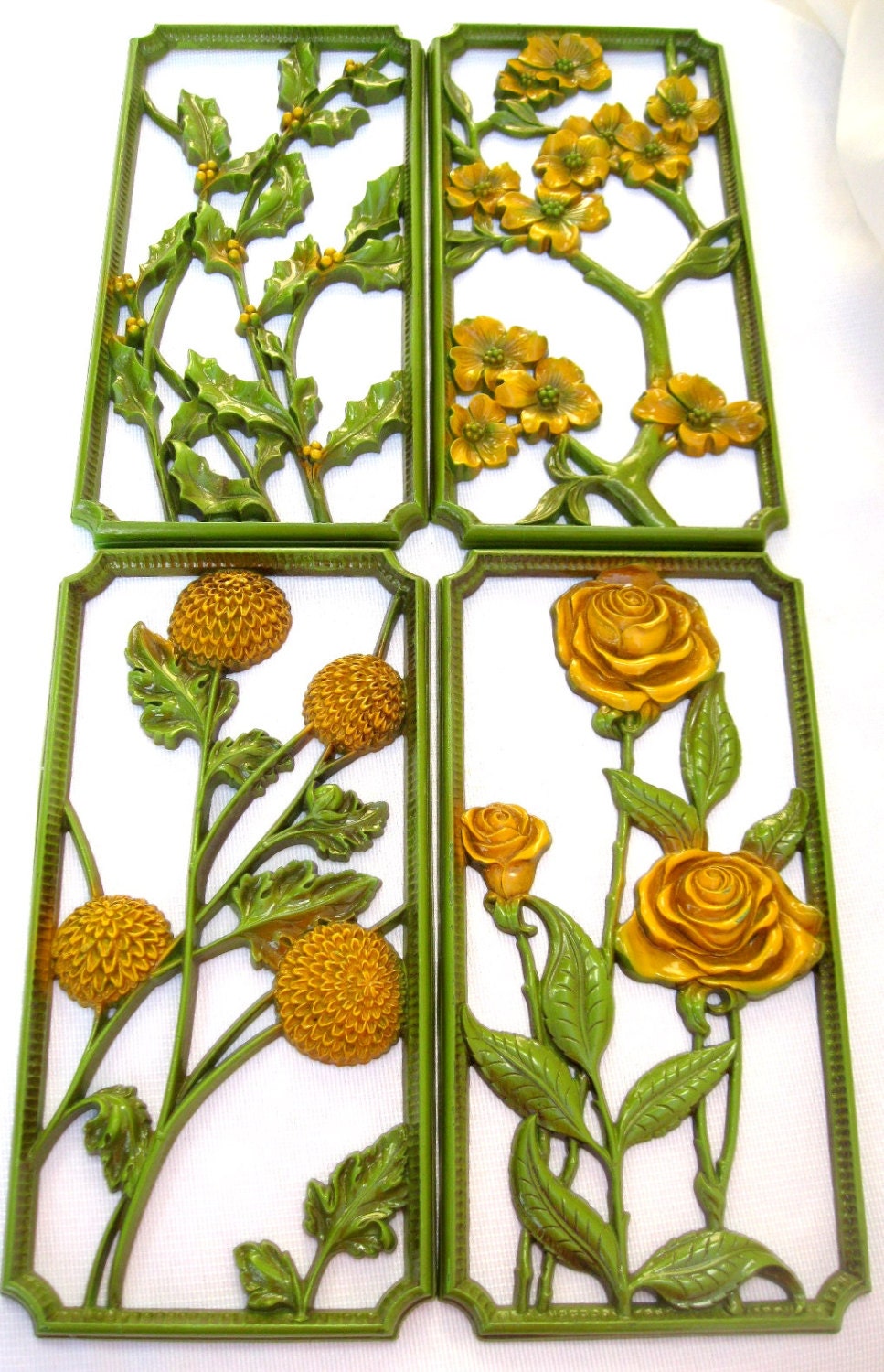 Vintage Wall Flower Plaques-4 Seasons-50s-MidCentury Mod-Olive Green and Gold from Tessiemay