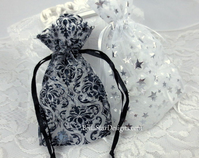 Organza Trinket Bags - Small Black Damask Silver Stars White Jewelry Gift Supplies