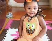 Orange Cheveron Stripes with Appliqued OWL  Custom Boutique Pillowcase Long Romper Toddler Girls size 12 months to 5t
