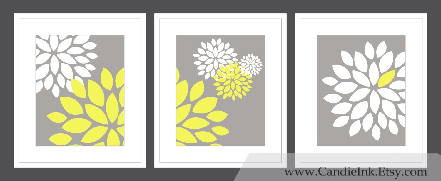 SET OF 3 - Flower Print, 8x10 Per Print, Combination wall art, Custom Colors, Wall decor, Grey and Yellow,