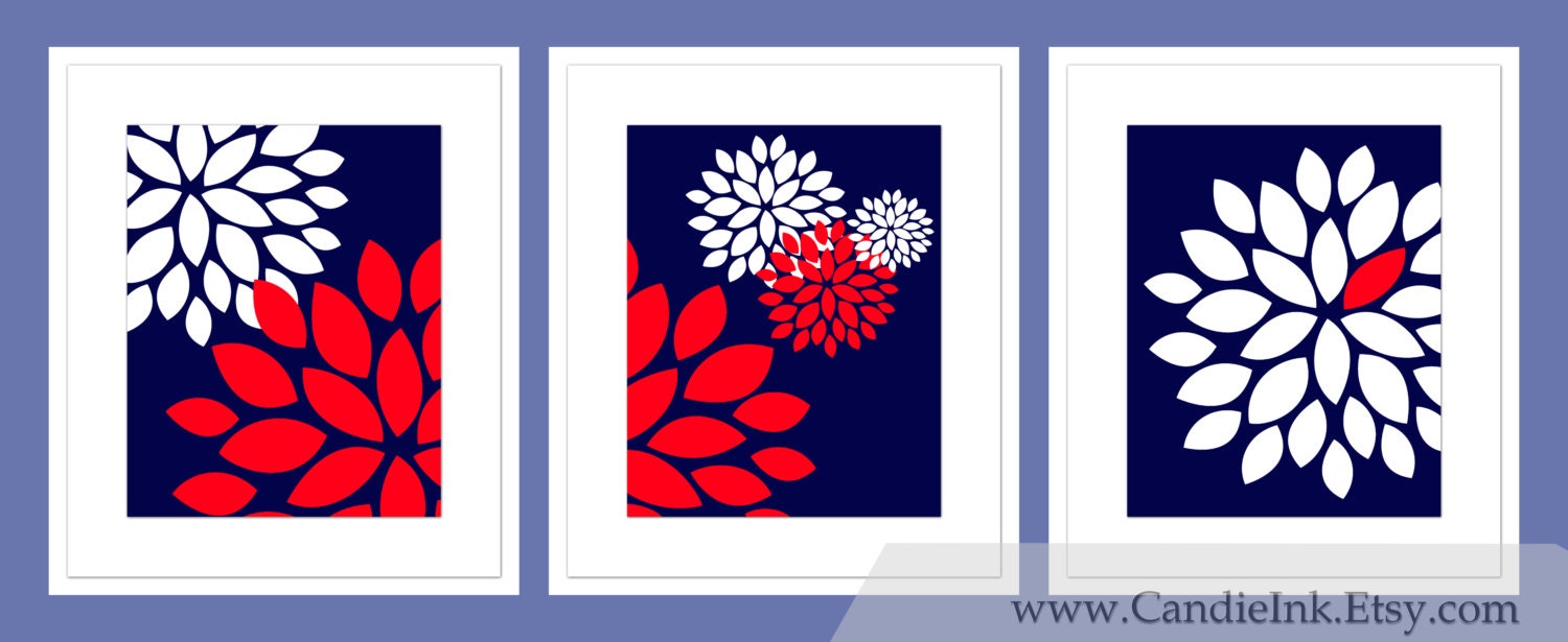 SET OF 3 - Flower Print, 8x10 Per Print, Combination wall art, Custom Colors, Wall decor, Navy, Nautical, Patriotic