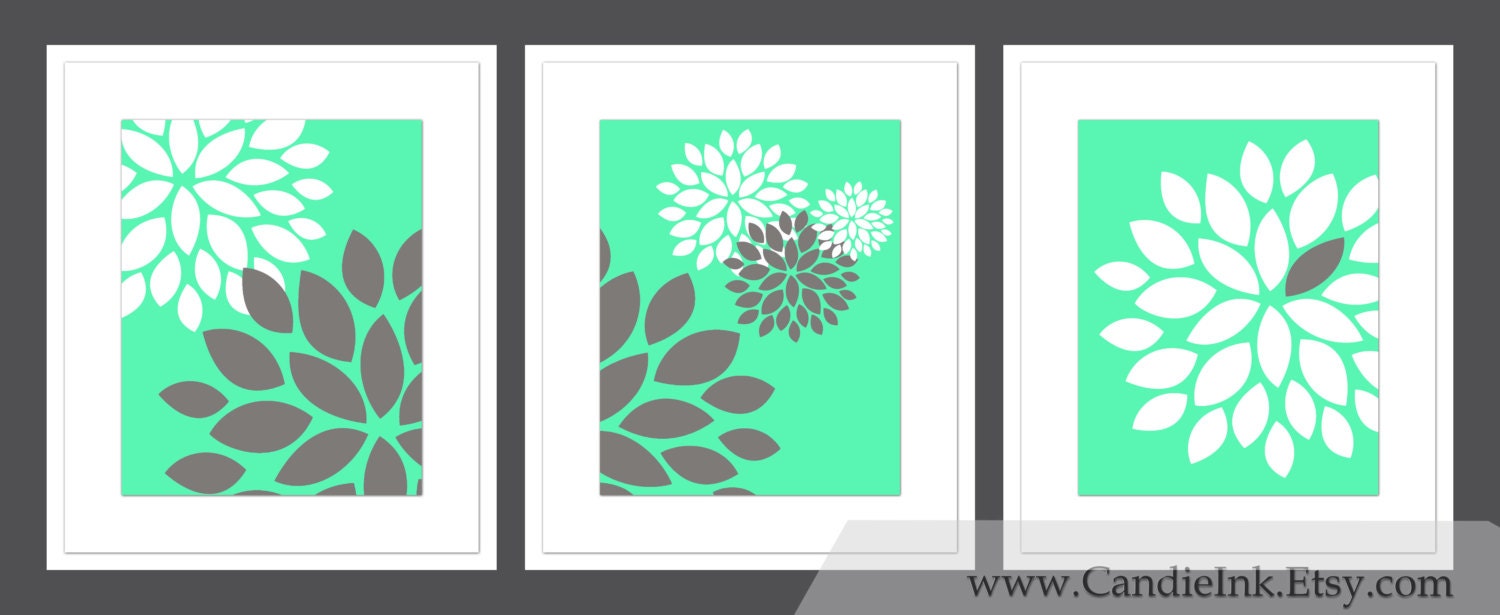 SET OF 3 - Flower Print, 8x10 Per Print, Combination wall art, Custom Colors, Wall decor, Mint, Summer, Aqua, Grey, White