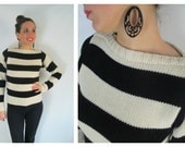 Black / White Striped Pullover Sweater Boatneck Vintage 1970s Collage