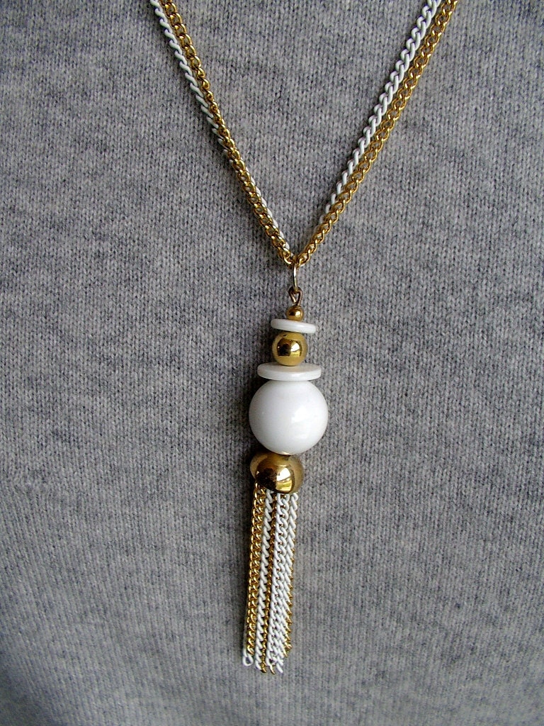 1980s runway double strand tassel white enamel and goldtone statement necklace