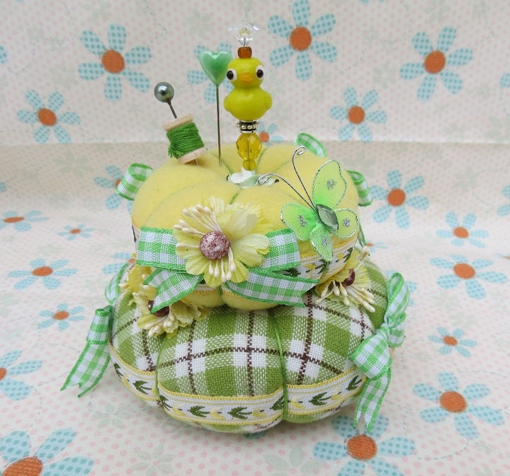 Ducky Fleece Yellow and Green Plaid Two Tier Pin Cushion