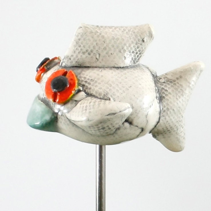 Plant Stake: Fish, Porcelain White Fish "Pot-Pal" with stainless steel post for potted plants, bouquets, yards and gardens