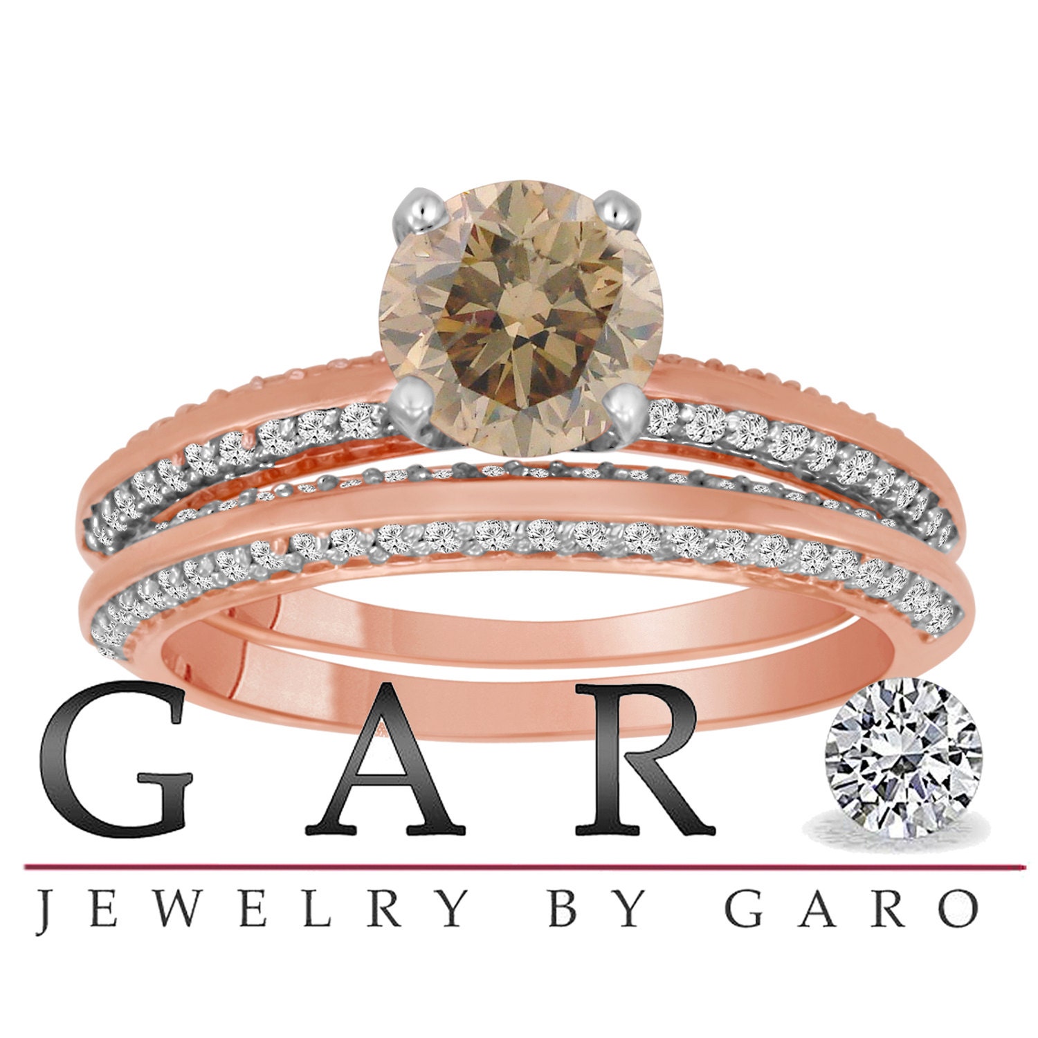 1.54 Carat Certified 14K Rose Gold Champagne & White Diamond Engagement Ring Wedding Anniversary Band Sets Micro Pave HandMade Bridal