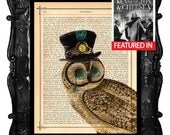 Upcycled Dictionary Page Upcycled Book Art Upcycled Art Print Upcycled Book Print Vintage Art Print Steampunk Owl Octopus Top Hat