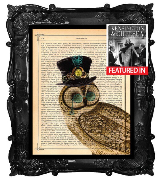Upcycled Dictionary Page Upcycled Book Art Upcycled Art Print Upcycled Book Print Vintage Art Print Steampunk Owl Octopus Top Hat