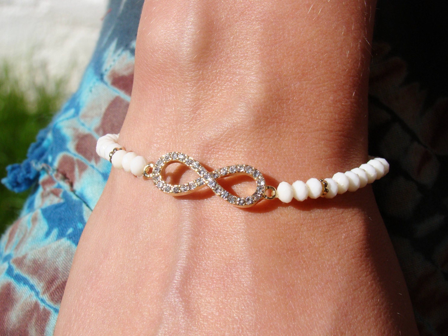 Beaded Infinity Bracelet, Cream Gold Infinity Stacking Bracelets, Friendship Bracelets, bff bracelets
