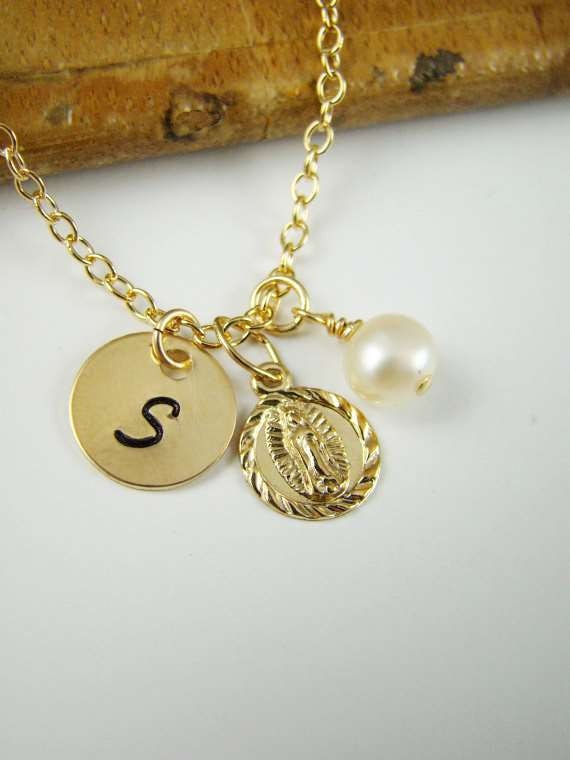 Gold Mary Charm Initial Necklace, Personalized Baptism Gift, Communion Gift