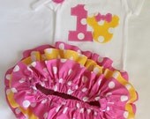 Minnie Mouse birthday disney shirt or onesie all around ruffle bloomer skirt w/fabric rolled rosette headband