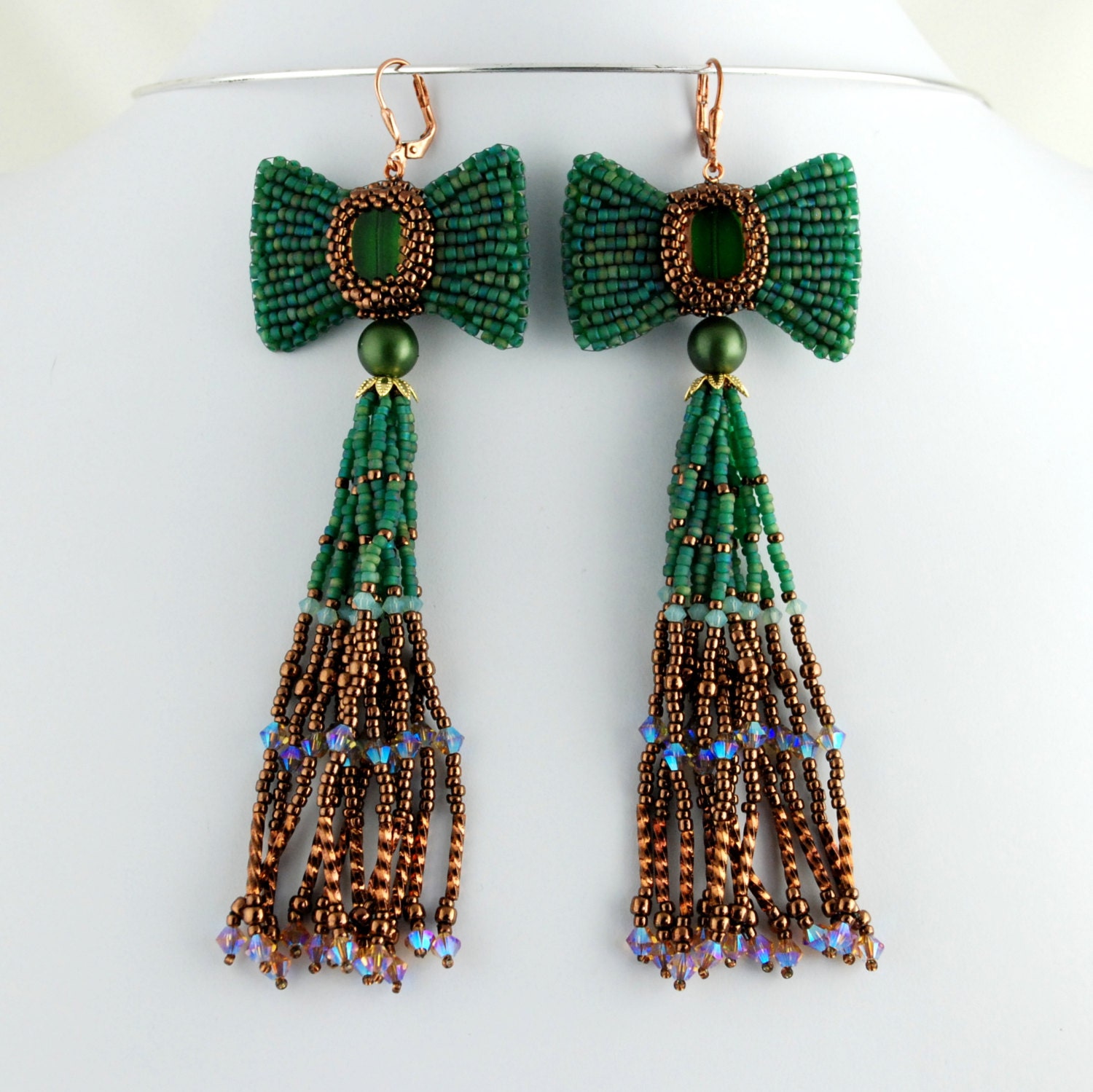 Bow and Tassel Errings - Emerald Green and Copper Errings, Beaded Tassel Earrings, Statement Long Tassel Earrings