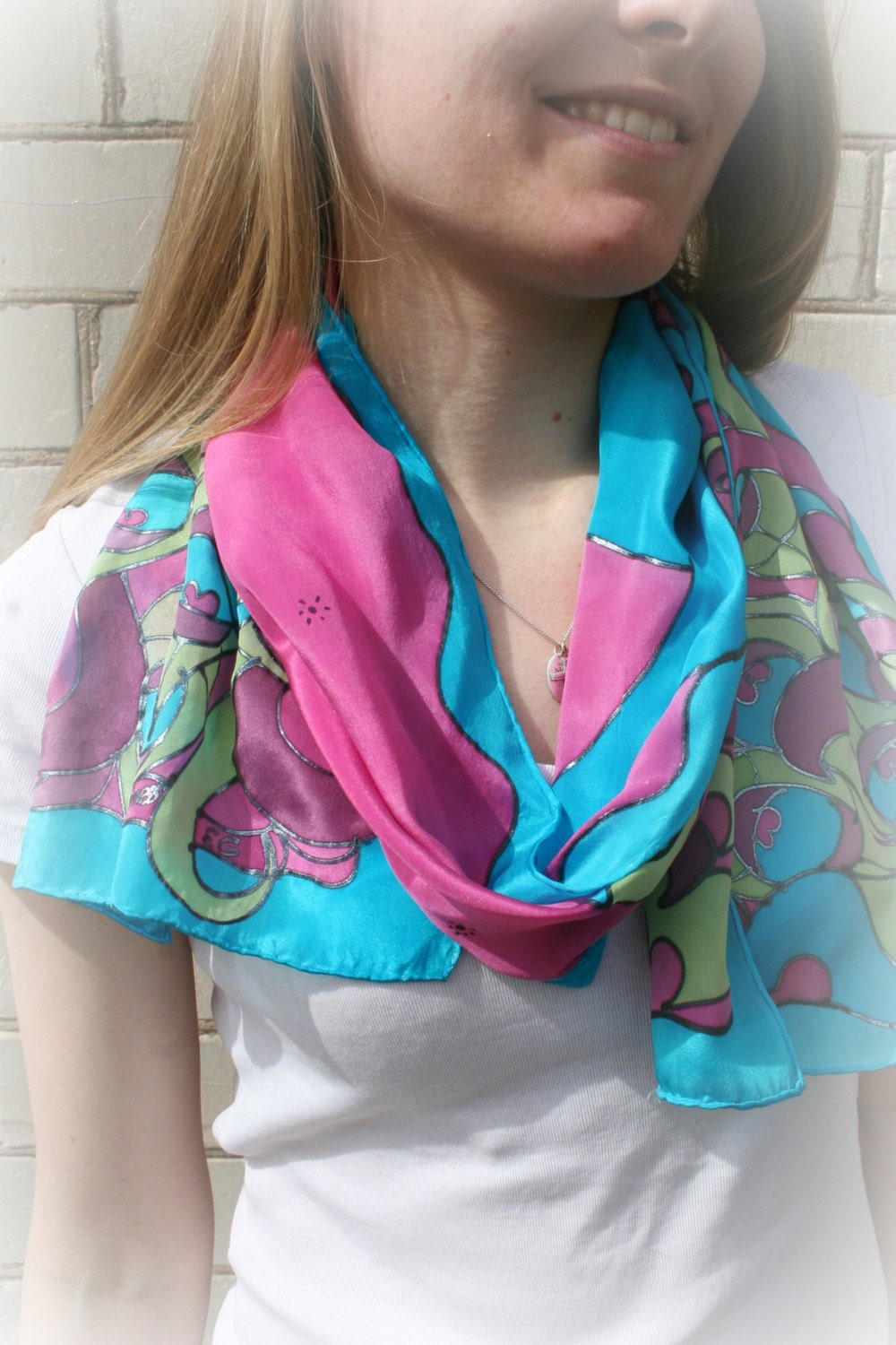 Peacock Scarf. Hand Painted Silk. Turquoise Peacock. MADE TO ORDER