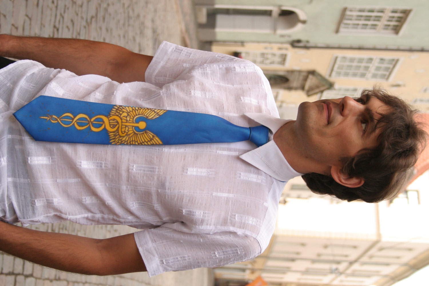 Medical Caduceus Tie. Medical Symbol. Doctor Tie. Hand Painted. Blue Tie.