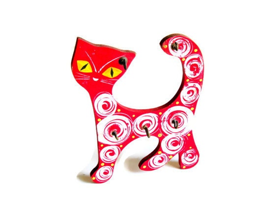 Retro Key Holder Jewelry Hooks Red Kitty White Swirls Mid Century Kitsch Kitschy Organizer