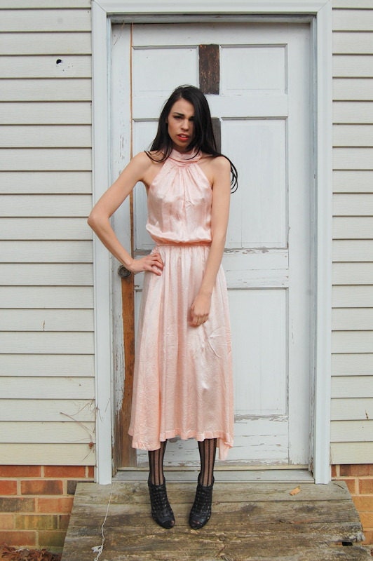 Pale pink satin halter dress 1980s 1970s