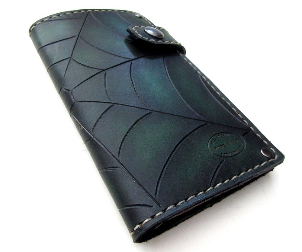 Green and Black Web Snap Front Mens Biker Wallet Hand Tooled