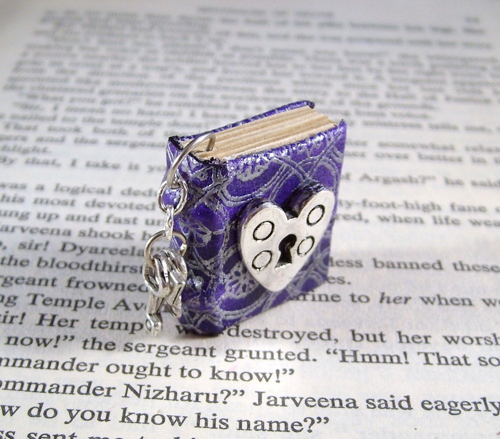 Miniature Book Necklace Charm Under Lock and Key Heart Lock and Tiny Keys Purple