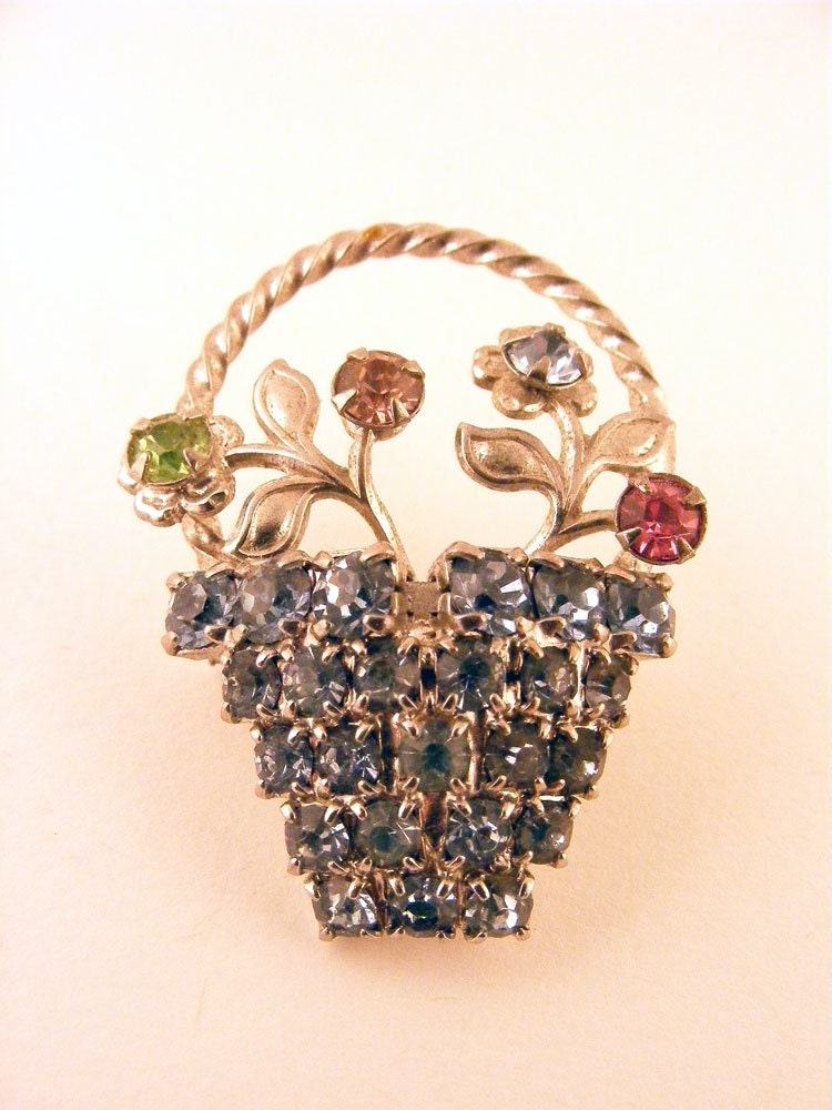 Rhinestone Flower Basket Brooch Light Blue