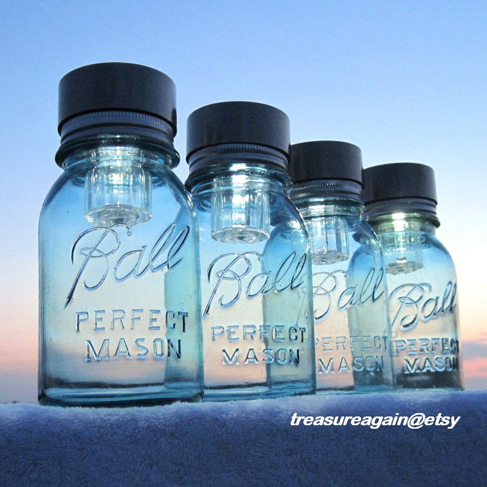 Mason Jars Solar Lights 4 Outdoor Mason Jar Lighting Antique Blue Ball Jars Garden Outdoor Lights ORIGINAL Solar Jar Design by treasureagain