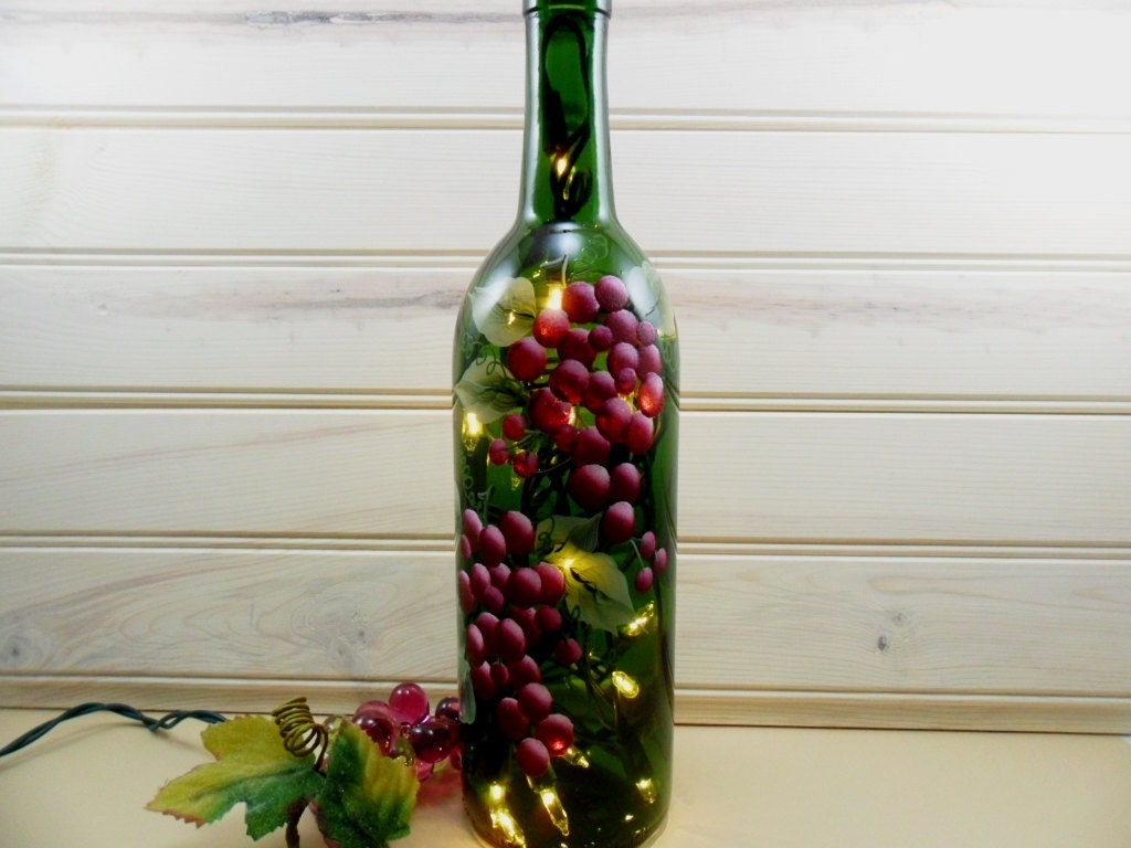 Lighted Wine Bottle Hand Painted Red Grapes Recycled 750ml