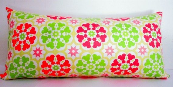 Pillow with flower, green and pink long bolster pillow, extra large pink pillow, lime green cushion cover, 14x28 Inch
