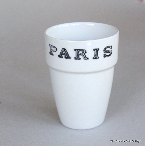 Paris France Stamped Ceramic Flower Pot or Candle Holder Perfect for Weddings