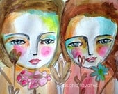 Two girls- spring mixed media original Painting