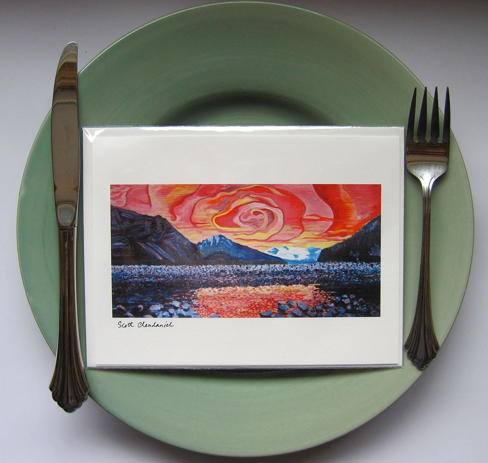 Blank Art Card Rose Sunset Oil Painting 7 3/8" x 5 1/2" with Envelope