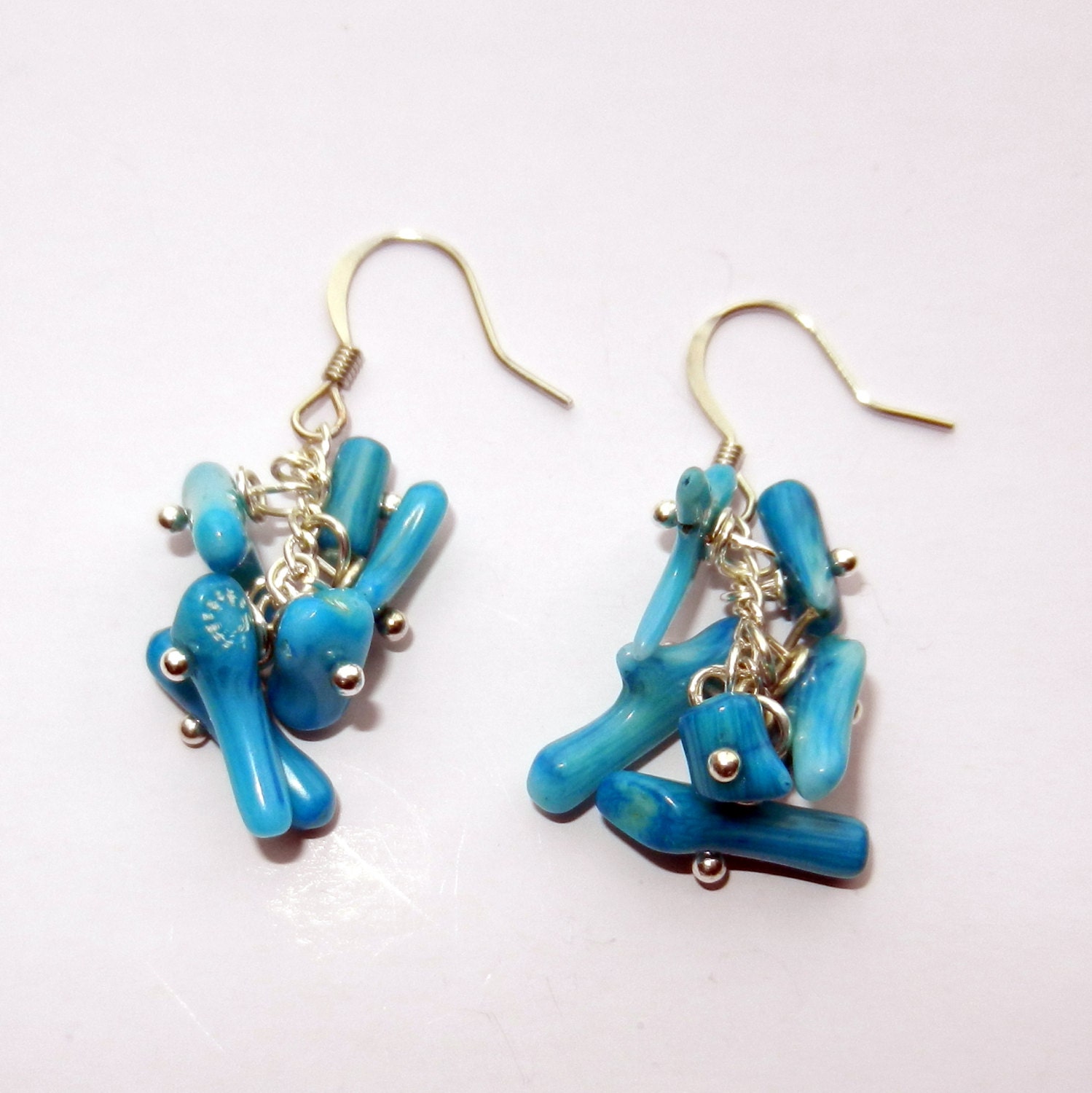 Aqua Stick Bamboo Coral Dangle Earrings
