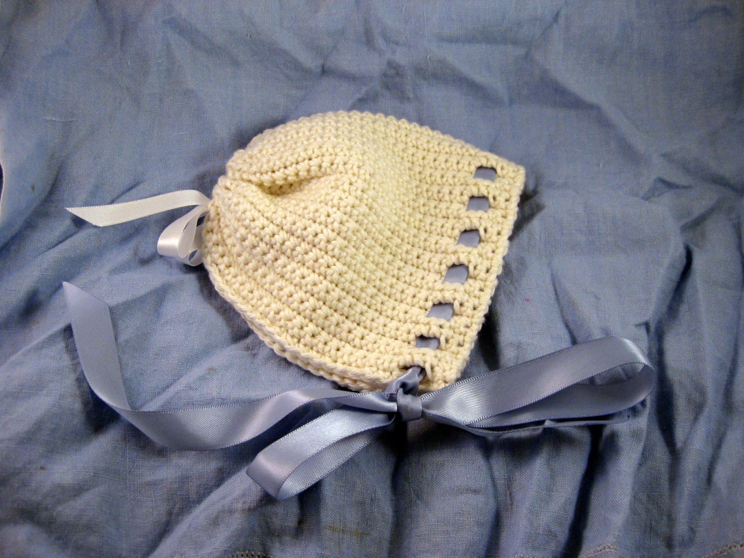 Crochet baby bonnet with satin ribbon trim infant