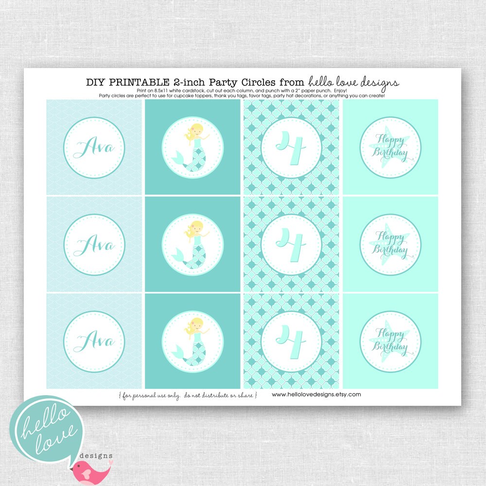 Mermaid Party Printable Cupcake Toppers - party circles - party logos by hello love designs Il_570xn