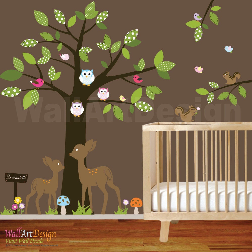 Vinyl Wall decal stickers swing tree set with,owls,birds,deer,bear,fox.woodland animals nursery wall decal