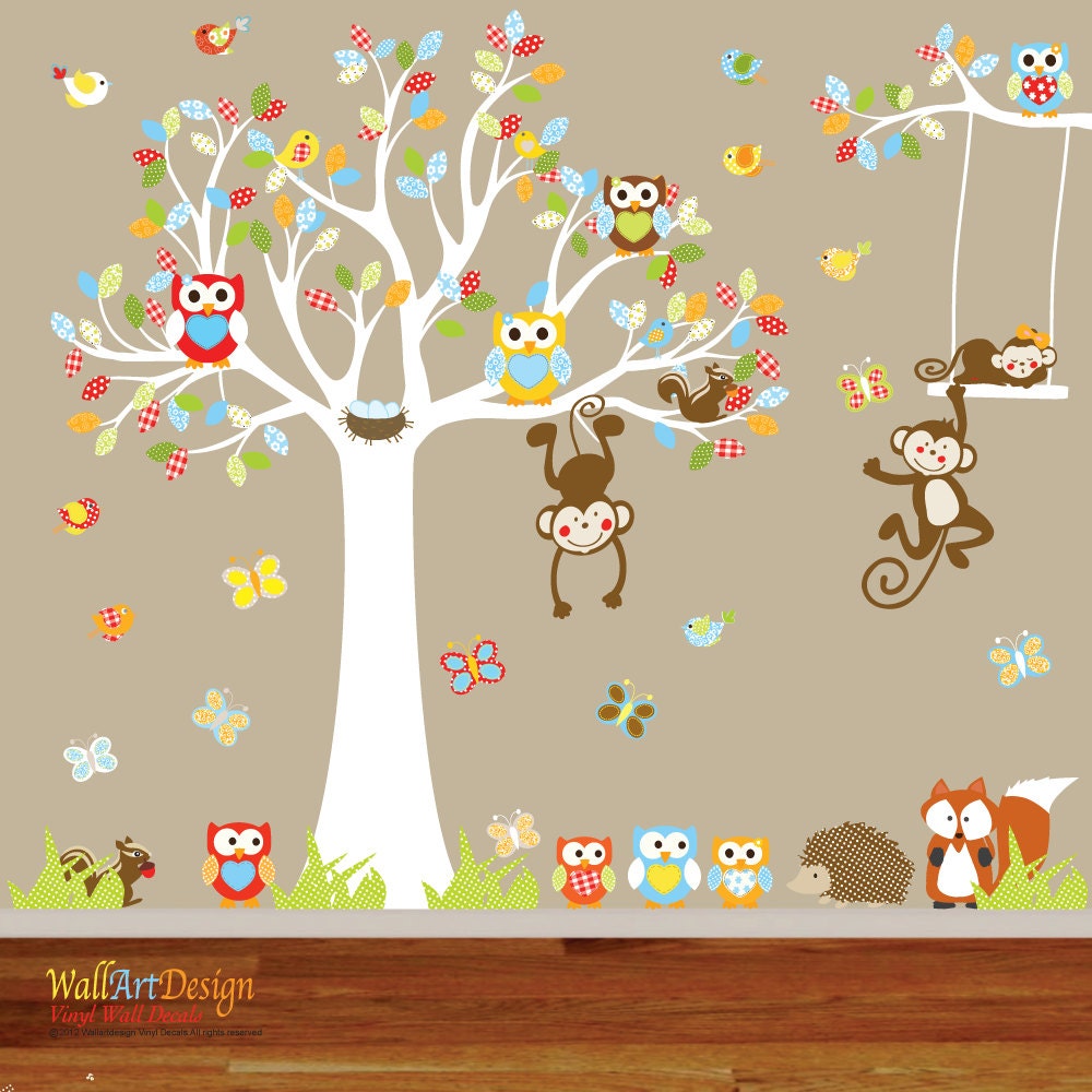 Vinyl Wall Owl Tree Decal Nursery Wall Stickers monkeys,armadillo,owls and birds Kids Wall Decal