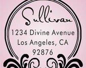 SALE Return Address Rubber Stamp - Cursive Family Name Stamp - Vintage Border Design mounted Clear Acrylic  handle