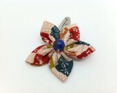 Fabric flower hairclip, Japanese Kanzashi style, red and blue checked print fabric, with dragonflies, rabbits and flowers,  blue bead