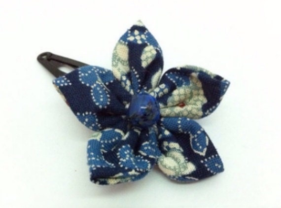 Fabric flower hairclip, Japanese Kanzashi, shibori indigo and white floral printed fabric with a blue bead