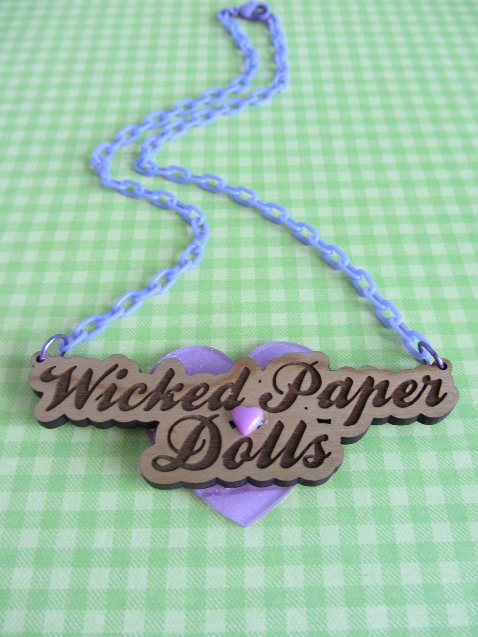 Lavender Wicked Paper Dolls Cherry Wood Name Plate Pendant